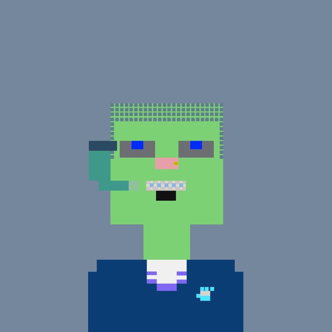 A pixel art portrait of a green-skinned zombie character with blue and red eyes, wearing a blue suit with a white collar.