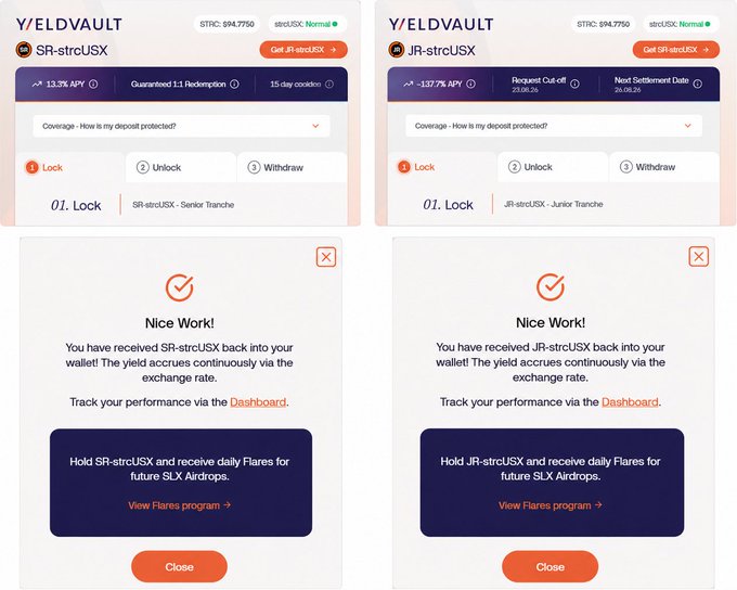 Two screenshots from 'YIELDVAULT' showing successful lock transactions for SR-strcUSX (Senior Tranche) and JR-strcUSX (Junior Tranche) with 'Nice Work!' confirmation messages.