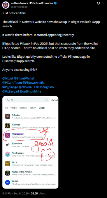 The image is a tweet from coffeedosax (@coffeedosa), PiSchool Founder, posted on Sep 6, 2026, showing Pi Network's official website appearing in Bitget Wallet's DApp search results, with the "Pi Network" listing circled and annotated as "good" with an arrow.