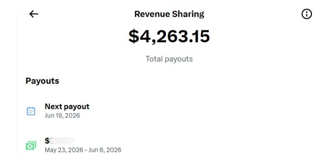 The image shows a screenshot of an app that displays information about a recent payment. It features a spreadsheet with columns for date and total payments made. The screen also provides details regarding the next payout, indicating that the user has received their payment on May 23rd, 2020. This message appears to be related to a post, as suggested by the caption provided below it, which reads: "Just received my X payout dinner on Elon today, thanks!".