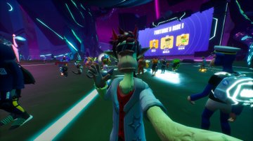 The image shows a group of people playing a video game together. The main character, wearing a white shirt with red lettering, stands out as they interact with their friends in the game. There are several other characters present in the scene, some of whom appear to be holding controllers or engaging in various activities within the game. The overall atmosphere seems to be one of fun and camaraderie among the players.