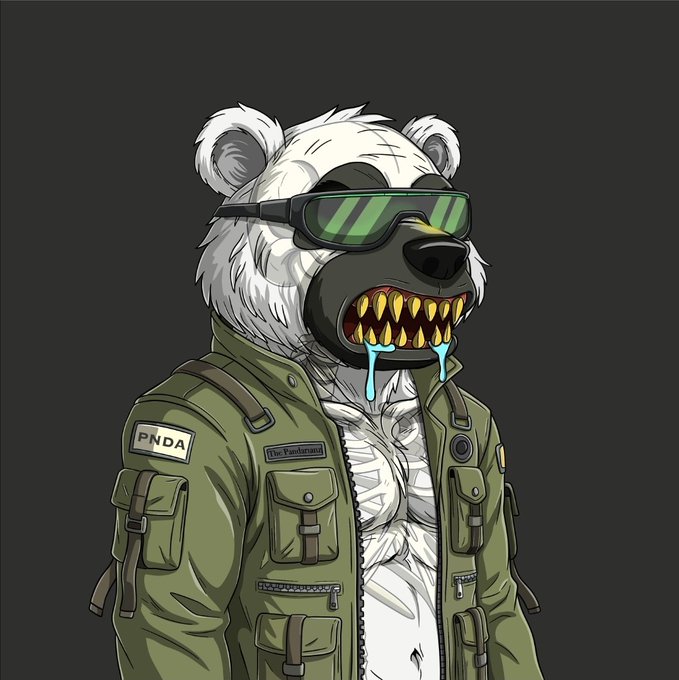 A cartoon illustration of an anthropomorphic white bear wearing a green tactical jacket with 'PNDA' and 'The Ponderators' patches, sporting green visor sunglasses and sharp gold teeth with blue drool.