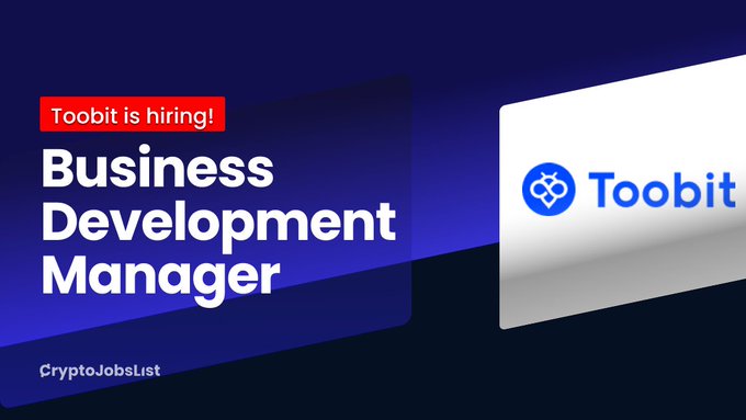 The image features a blue background with white text that reads "Toobit is hiring! Business Development Manager". Below this, there are two squares of different colors - one red and one white. The red square contains the words "Toobit" in bold letters, while the white square displays the word "Business" followed by an exclamation mark. These elements create a visually appealing layout that highlights the job posting for a Business Development Manager position at Toobit.