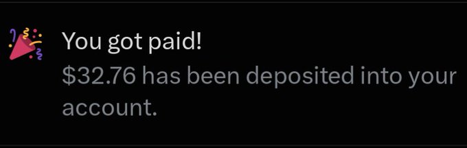 A mobile notification from a pink party-popper emoji reading 'You got paid! $32.76 has been deposited into your account.'