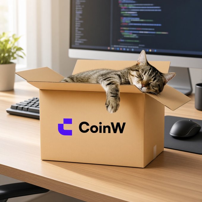 A sleeping tabby cat rests inside a cardboard box labeled 'CoinW' on a desk in front of a computer monitor showing code.