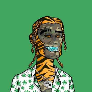 A digital illustration of a character with orange tiger-stripe skin, dreadlocks, and a toothy grin, wearing a white shirt patterned with marijuana leaves.