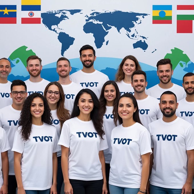 A team of smiling individuals wearing matching "TVOT" white t-shirts stands together in front of a world map backdrop, flanked by various national flags. The image visually reinforces the motivational message about consistent effort and collective growth, suggesting a global community or organization working together toward shared success.