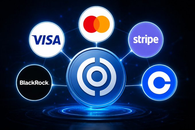 A glowing blue network graphic connects logos of Visa, Mastercard, Stripe, BlackRock, and Coinbase around a central emblem, visually representing the reported joint collaboration to launch a stablecoin called OUSD.