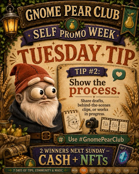 A promotional graphic for 'GNOME PEAR CLUB' advertises 'SELF PROMO WEEK' with a 'TUESDAY TIP' (#2) about showing the process, featuring an illustration of a gnome and offering CASH + NFT prizes.