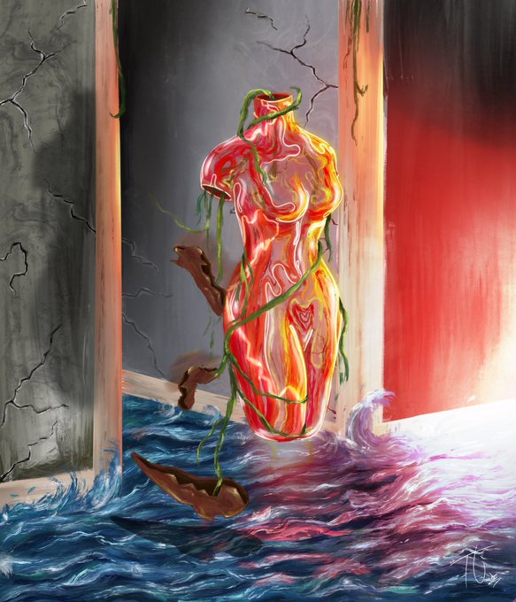 A surreal digital painting depicts a translucent, marbled red, yellow, and green humanoid figure bound by green vines, standing waist-deep in crashing purple and blue waves between concrete pillars.