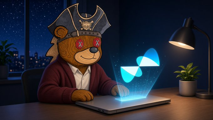 An illustrated bear wearing a pirate hat and X-marked glasses works on a laptop emitting a glowing XRP/Ripple logo in a nighttime office setting.