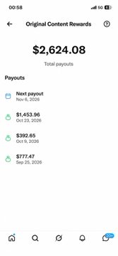 A mobile screenshot of “Original Content Rewards” shows total payouts of $2,624.08, including $1,453.96 and $392.65 on Oct 23, 2026, and $777.47 on Sep 25, 2026. It appears to illustrate the rewards or payout claim promoted by the accompanying BIBI giveaway post.