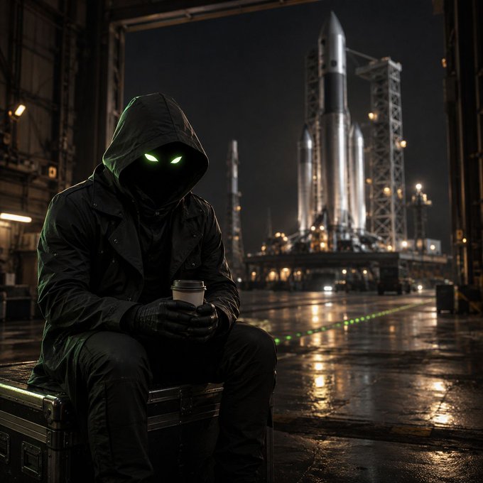 A digital illustration of a mysterious hooded figure with glowing green eyes holding a coffee cup, seated in a dark industrial setting with a large rocket in the background.