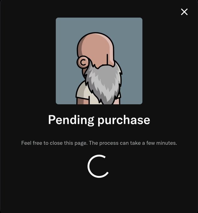 A mobile app screen showing a 'Pending purchase' message with a loading spinner and a cartoon illustration of a bald man with a large gray beard.