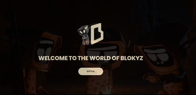 A welcome screen for the Blokyz NFT project displays three cloaked characters in the background with the text "WELCOME TO THE WORLD BLOKYZ" and an "ENTER" button, featuring the project's "B" logo with a character mascot. The image serves as the entry point to reveal information about the project's six eras (Forgotten Years, Prehistoric, Medieval, Modern, Future) and three fractions mentioned in the accompanying post.