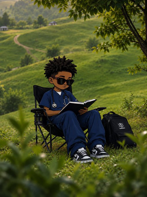 A stylized illustration of a young Black male medical student wearing scrubs, sunglasses, and a stethoscope, sitting in a folding chair reading a book on a grassy hillside with a backpack nearby.