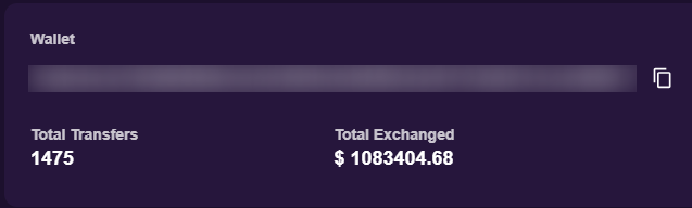 A wallet interface displaying a blurred address with 'Total Transfers' of 1475 and 'Total Exchanged' of $1083404.68.