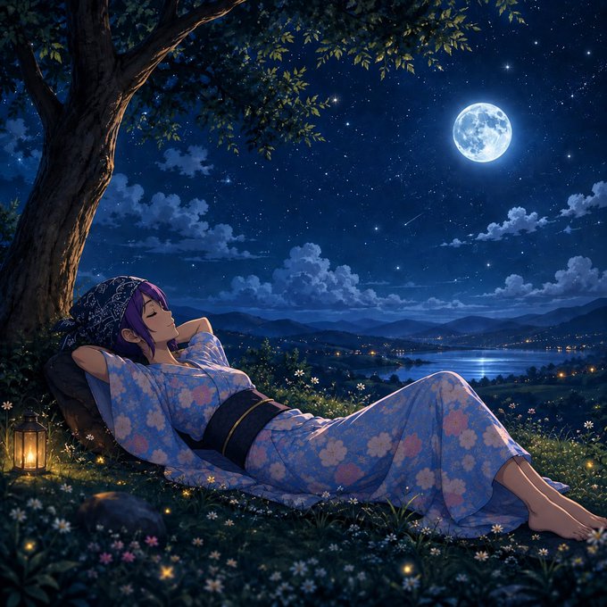 An anime-style illustration of a girl with purple hair in a blue floral yukata lying on grass under a tree, gazing at a full moon over a starlit lake landscape.