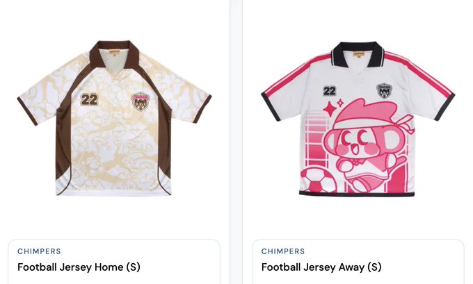 Two retro-style jerseys labeled 'CHIMPERS Football Jersey Home (S)' and 'Football Jersey Away (S)' feature '22' and cartoon monkey designs.