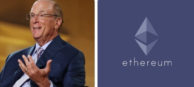 The image shows Larry Fink, CEO of BlackRock, pictured alongside the Ethereum (ETH) logo. The composition visually ties the post's message about BlackRock clients purchasing $122.12 million worth of ETH to the person leading the firm and the cryptocurrency benefiting from this institutional demand.