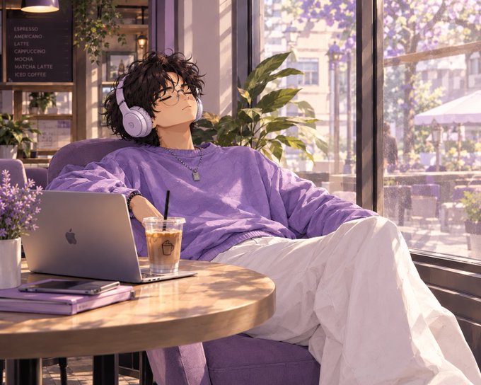 An anime-style illustration depicts a person with glasses and purple headphones relaxing on a purple sofa in a sunlit cafe, with an iced coffee and a laptop on the table nearby.