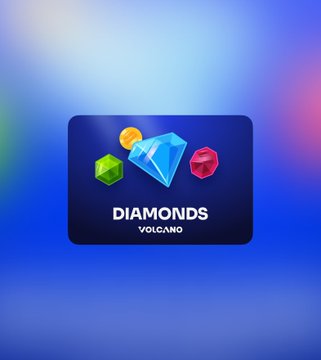 A dark blue card displaying the word 'DIAMONDS' with 'VOLCANO' beneath it, accompanied by illustrations of green, blue, gold, and red gems.