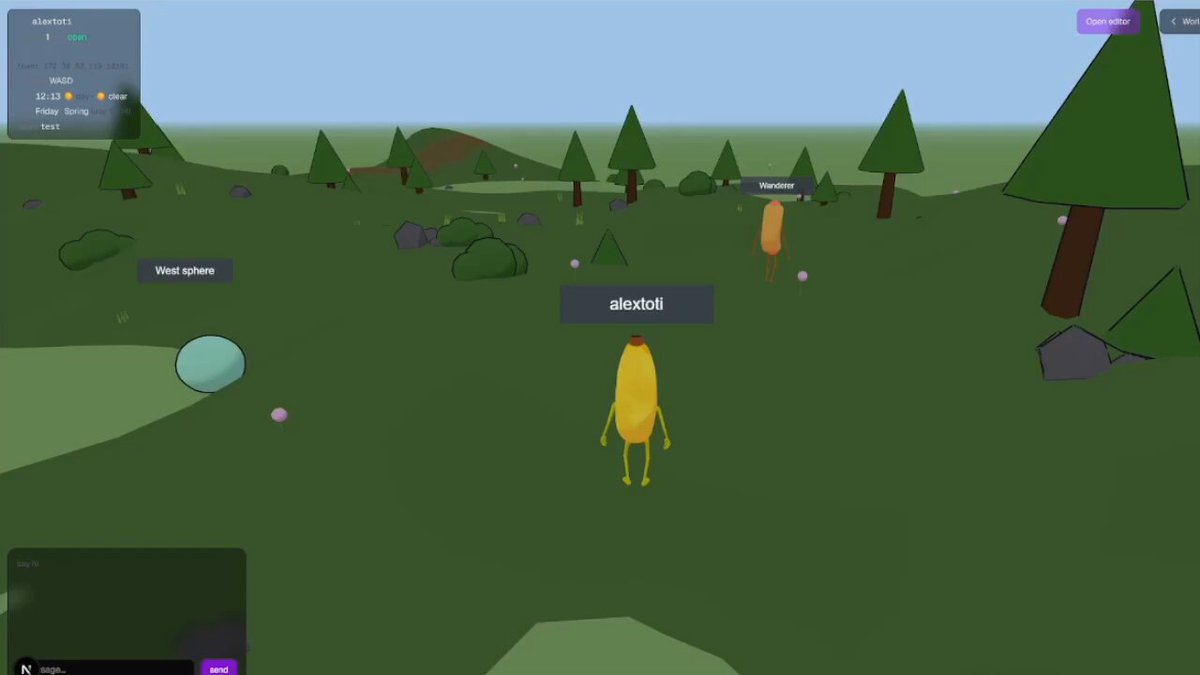 The image shows an animated scene with a yellow character standing in the center of a green field, surrounded by trees and rocks. The character appears to be running or walking towards something out of frame. In the background, there are other characters that seem to be following the main character's path. The scene is set within a virtual world where agents can create and manage their own worlds without needing a central operator. The image also contains text that reads "Agent runner DePIN networks keep autonomous agents alive without a central operator", which suggests that this game might involve managing and maintaining virtual worlds using agent-based systems, such as the one depicted in the image.