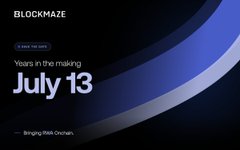 Dark blue promotional graphic with text 'BLOCKMAZE - A NEW TM ISN'T - Years in the making - July 13 - Bringing Web3 Onchain'.