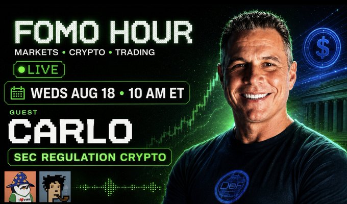 Promotional graphic for "FOMO HOUR" live stream scheduled for Wednesday, August 18 at 10 AM ET, featuring guest Carlo discussing SEC Regulation Crypto, with pixel-art styling and a smiling man in a DEF shirt alongside market chart imagery. The graphic visually reinforces the post's announcement by displaying the show name, time, topic (SEC crypto regulation), and the featured guest Carlo that the tweet highlights.