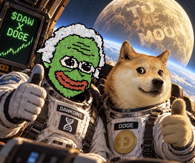 A meme image showing two astronauts in space with the Earth and moon in the background; one has a Pepe the Frog pixelated face wearing 'DAWKOINS' gear with '$DAW X DOGE' displayed, while the other is a Shiba Inu dog wearing 'DOGE' gear with 'TO THE MOON' on the moon.