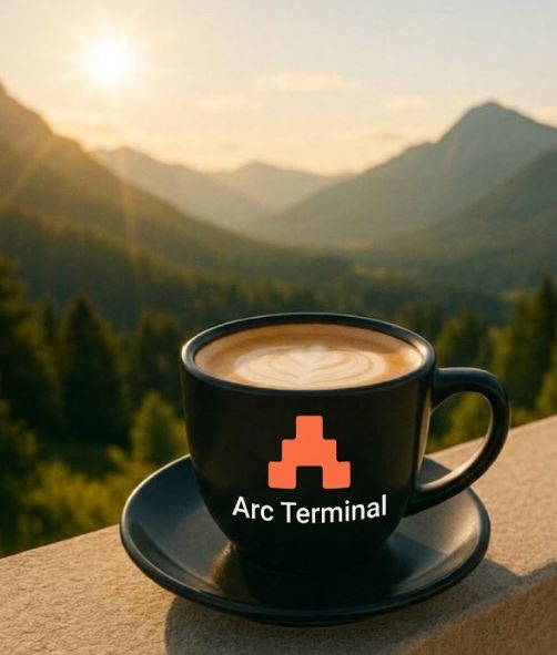 A coffee cup with the 'Arc Terminal' logo sitting on a ledge overlooking a mountainous landscape at sunrise or sunset.
