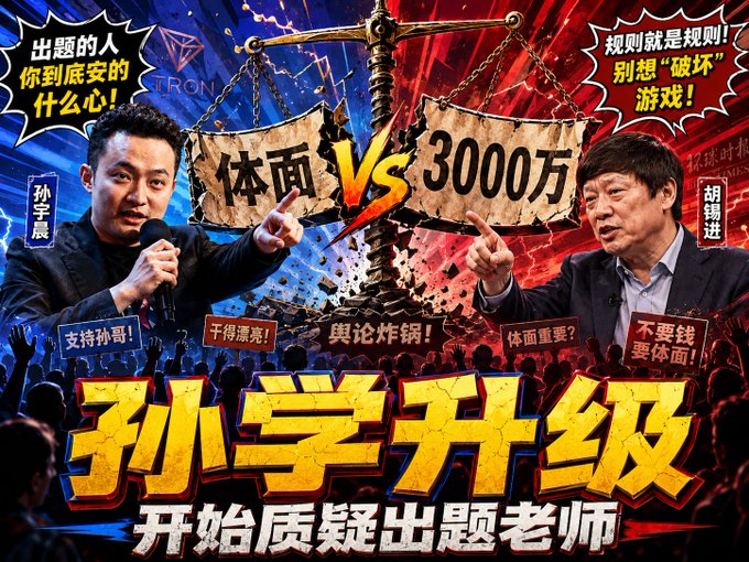 A stylized Chinese promotional graphic shows Sun Yuchen (孙宇晨) and Hu Xijin (胡锡进) pointing accusingly at each other on opposite sides of a scale weighing "体面" (Dignity) vs "3000万" (30 million), with the bold title "孙宇升级 开始质疑出题老师" (Sun Yu upgrades, begins questioning the question-setter) and slogans like "支持孙哥!" and "干得漂亮!". The image dramatizes Sun Yuchen's public counter-attack against Hu Xijin, who had posed questions to him about Jing Tian, instead pivoting to challenge Hu's right to "set the exam"—mirroring the post's theme of Sun turning the tables on his questioner rather than answering directly.