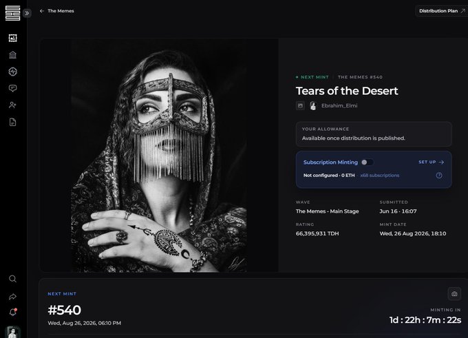 A screenshot of a digital art platform displaying "The Memes #540 - Tears of the Desert" by Ebrahim_Elmi, showing a woman in an ornate beaded veil, with details including a rating of 66,395,931 TDH and a mint date of Wed, 26 Aug 2026.
