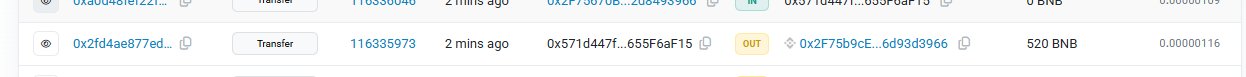 A screenshot of blockchain transaction records showing transfer activities with 'IN' and 'OUT' labels, displaying wallet addresses, amounts such as '110330040' and '116335973', timestamps like '2 mins ago', and token values including '520 BNB' and '0.00000116'.