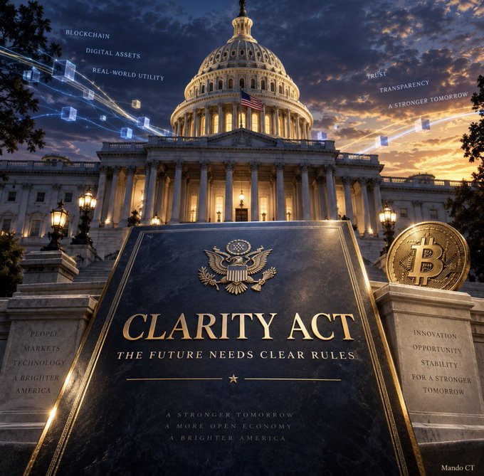A digital illustration of the US Capitol building with a large book in the foreground titled 'CLARITY ACT: THE FUTURE NEEDS CLEAR RULES', alongside a Bitcoin coin and text about blockchain and digital assets.