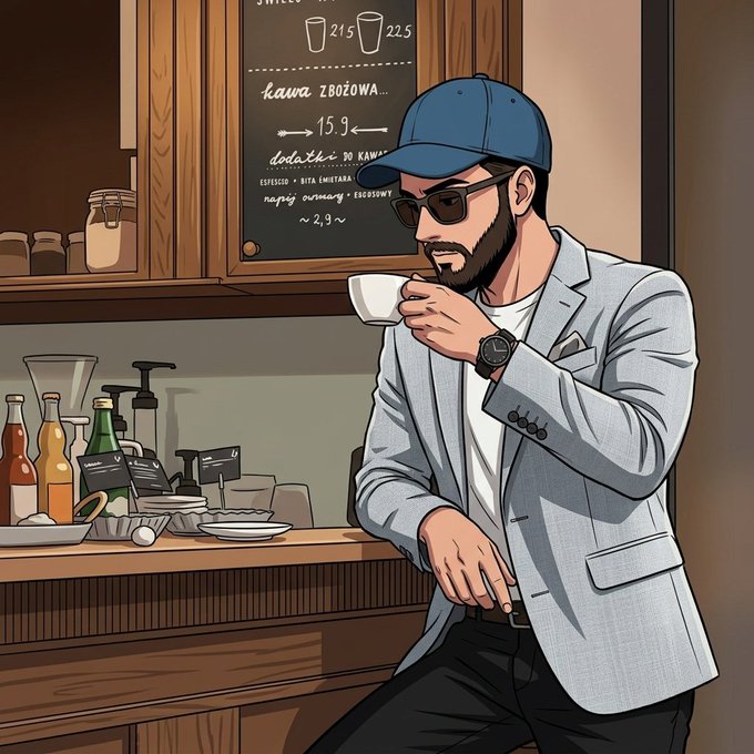 A cartoon illustration depicts a bearded man in a blue cap, sunglasses, and gray blazer sipping from a white cup at a cafe counter with a chalkboard menu and bottles in the background.