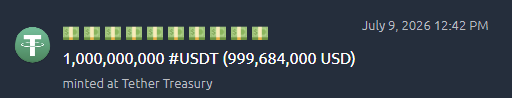 A notification from Tether Treasury dated July 9, 2026, confirming the minting of 1,000,000,000 #USDT (999,684,000 USD), aligning with the announcement that Tether has minted 1 billion $USDT at the Tether Treasury.