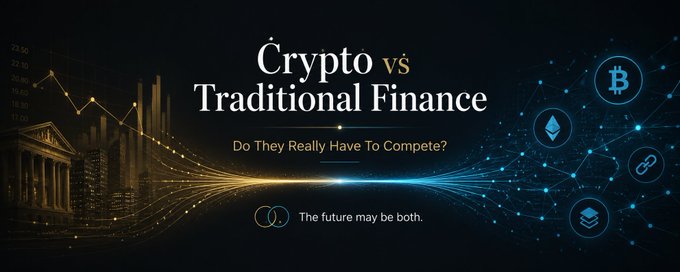 A dark banner image titled "Crypto vs Traditional Finance" with the subtitle "Do They Really Have To Compete?" and tagline "The future may be both," visually splitting a classical bank building and stock chart on the left from cryptocurrency icons (Bitcoin, Ethereum) connected by a digital network on the right, illustrating the post's theme of bridging old and new financial systems.