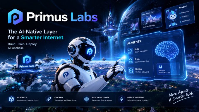 A promotional banner for 'Primus Labs' featuring a futuristic robot, advertising it as 'The AI-Native Layer for a Smarter Internet' with services for AI agents, onchain features, and real-world data.