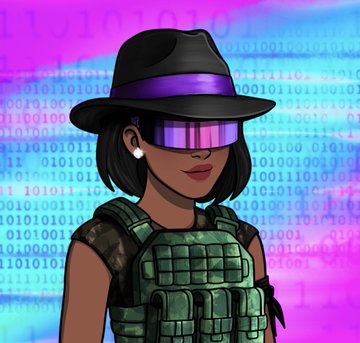The image features a woman wearing a hat and a green vest with a gun on her chest. She has a serious expression as she looks directly at the camera. The background behind her consists of a blue and pink color scheme, which complements her outfit. There is also text in the image that reads "I minted one of these from the new female collection @VaultRunners Felt emasculated, so @Wolfmeta_X gifted me this badass male with the red jacket/mask on! Thanks for helping me be a man again Wolf!".