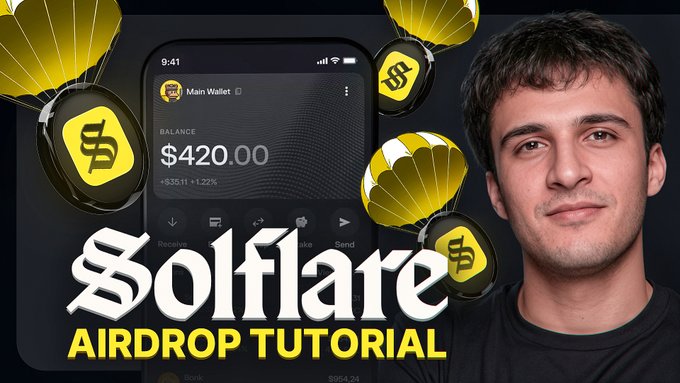 The image features a man with short hair wearing a black shirt, standing next to an iPhone screen displaying a video tutorial about Solflare Airdrop Tutorials. The tutorial explains how to create a wallet for the Ethereum blockchain using the Solflare platform. There are several parachutes floating in the air around the man and the phone, which adds a creative and visually appealing element to the scene.