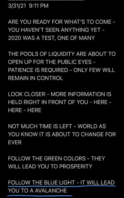 The image shows an email from someone named Mr Pool, who has written a message about following the blue light. The text of the email reads: "Follow the Blue Light - It will lead you to a Avalanche". This message seems to be related to the content in the image, as it is directed towards the person who took or edited the photo.