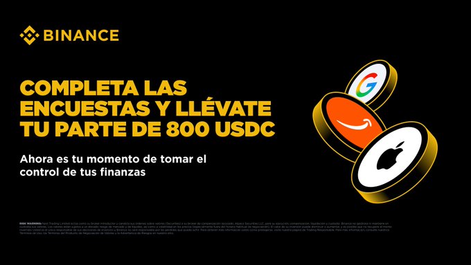 A Binance Peru banner with a black background features yellow and white Spanish text reading "COMPLETA LAS ENCUESTAS Y LLÉVATE TU PARTE DE 800 USDC" and "Ahora es tu momento de tomar el control de tus finanzas," alongside 3D coin graphics displaying the Amazon, Google, and Apple logos. The image promotes the WhatsApp channel giveaway of 800 USDC mentioned in the accompanying post.