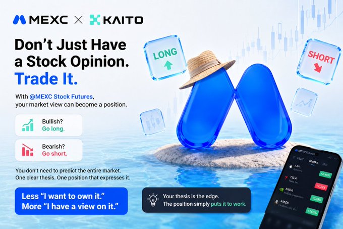 A promotional advertisement for MEXC and KAITO featuring the text 'Don't Just Have a Stock Opinion. Trade It.' with LONG and SHORT indicators and a mobile trading app screenshot.