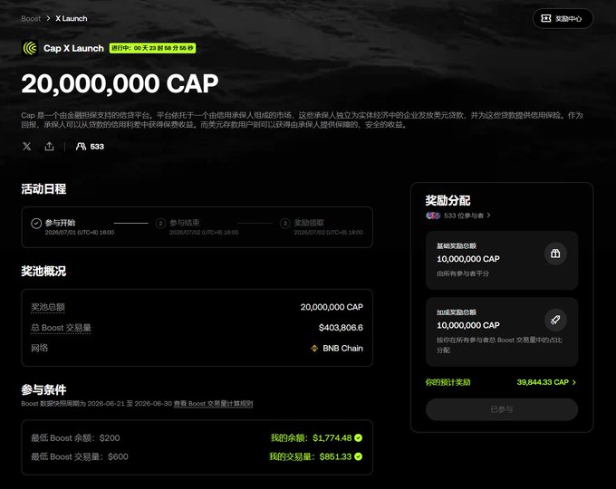 A cryptocurrency launch page for 'Cap X Launch' offering 20,000,000 CAP tokens with a countdown of 00天23时56分, showing activity schedule, prize pool details, BNB Chain network, and user balances on BNB.