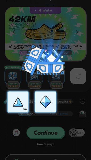 A mobile game screen showing a 'Stepathon Legend' walker NFT event with a 42KM shoe graphic, loot boxes, and blue diamond icons above a 'Continue' button.