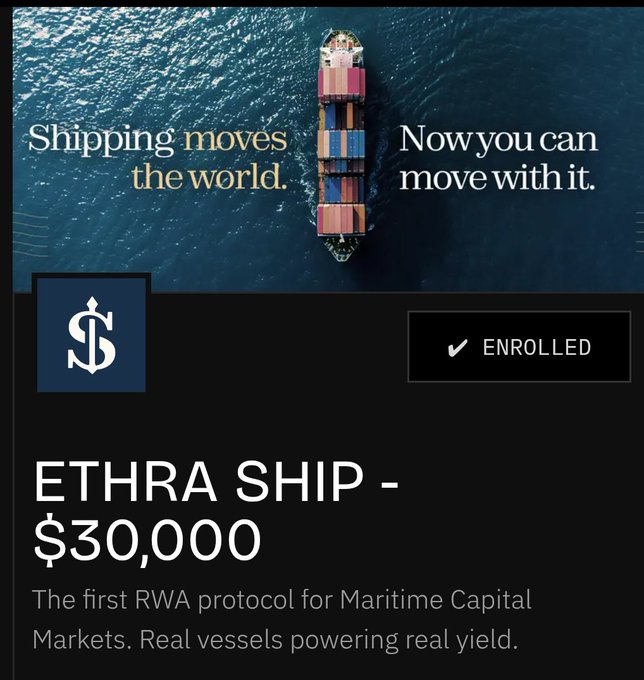 An advertisement for 'ETHRA SHIP' displays a $30,000 investment opportunity, described as 'The first RWA protocol for Maritime Capital Markets,' featuring an aerial view of a cargo ship.