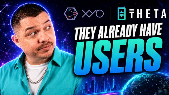 The image features an advertisement for cryptocurrency, which includes a man wearing a blue shirt with the text "They already have users." The background of the image shows a city skyline at night, with the words "THEta" and "XYO" displayed above the scene. The caption reads "Focus on what is in the image and how it relates to the post", indicating that the advertisement is promoting a cryptocurrency project called "THEta".