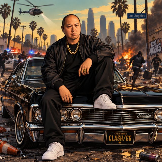 An AI-generated stylized image of a man in black clothing with gold chains sitting on a black Chevrolet car in Los Angeles, featuring a chaotic scene with police, helicopter, palm trees, and fire in the background, with a license plate reading 'CLASH/GG'.