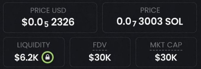 A cryptocurrency tracking interface displays a token priced at $0.0₅2326 USD (0.07₃003 SOL) with only $6.2K liquidity, a $30K fully diluted valuation (FDV), and $30K market cap. The low liquidity and modest valuation suggest this is a micro-cap token giveaway, aligning with the post's promise of a small giveaway to a "homie."